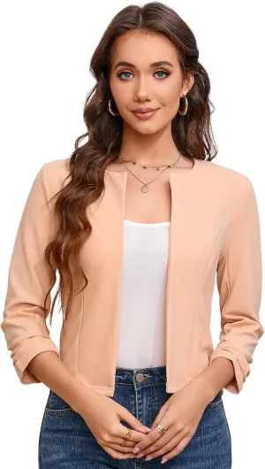BLUEMING Women’s Open Front Crop Blazer 3/4 Ruched Sleeve Slim Fit Solid Jacket Lightweight Cardigan