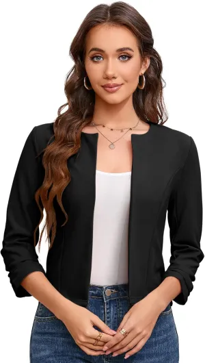 BLUEMING Women’s Open Front Crop Blazer 3/4 Ruched Sleeve Slim Fit Solid Jacket Lightweight Cardigan