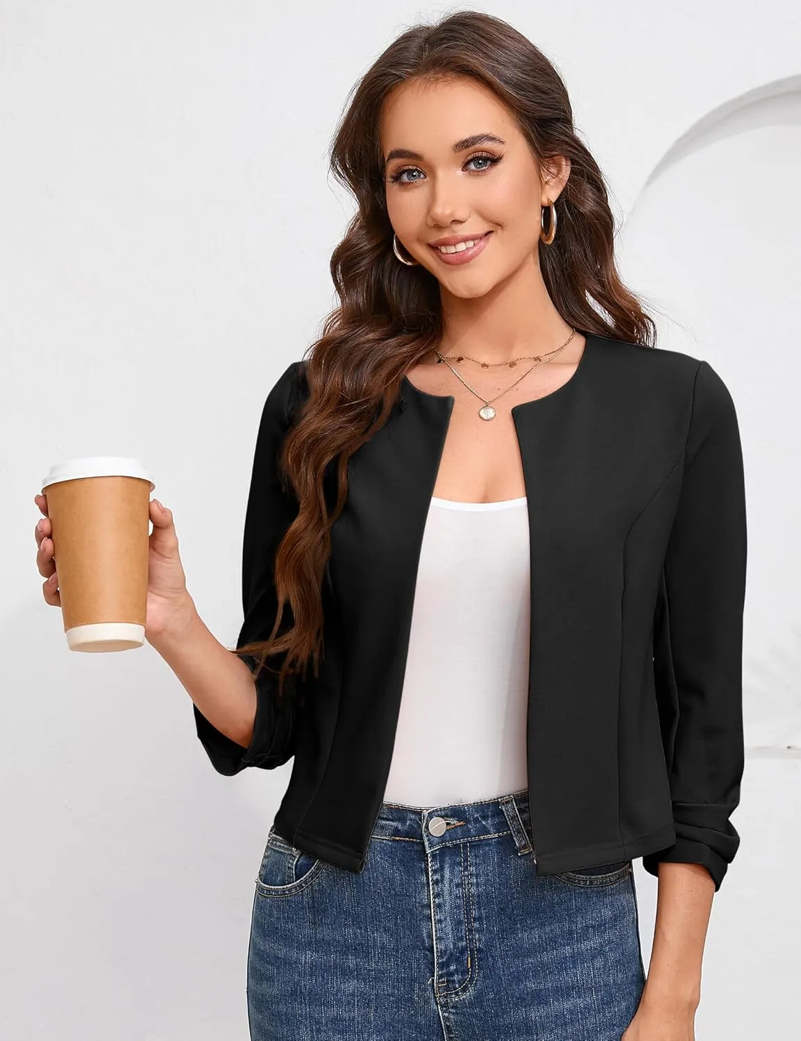 BLUEMING Women’s Open Front Crop Blazer 3/4 Ruched Sleeve Slim Fit Solid Jacket Lightweight Cardigan