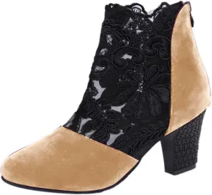Boots for Women Ankle Booties Back Zipper Chunky Heel Summer Dress Shoes Floral & Lace Mesh Breathable Shoes