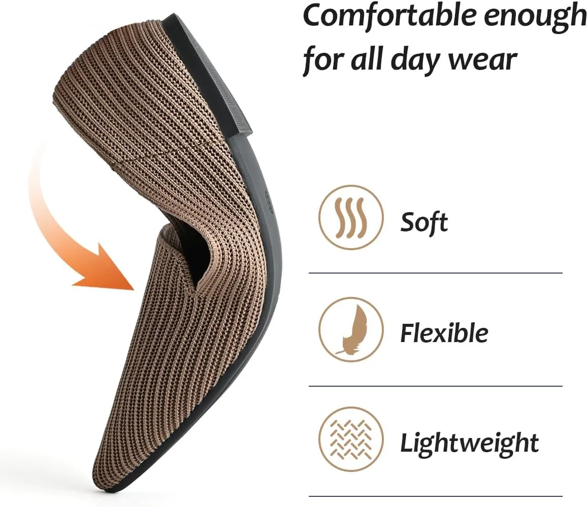 Brown Women's One Size Pointed Toe Slip-On Knit Ballet Flats for Dressy Casual Office Work Walking Flats