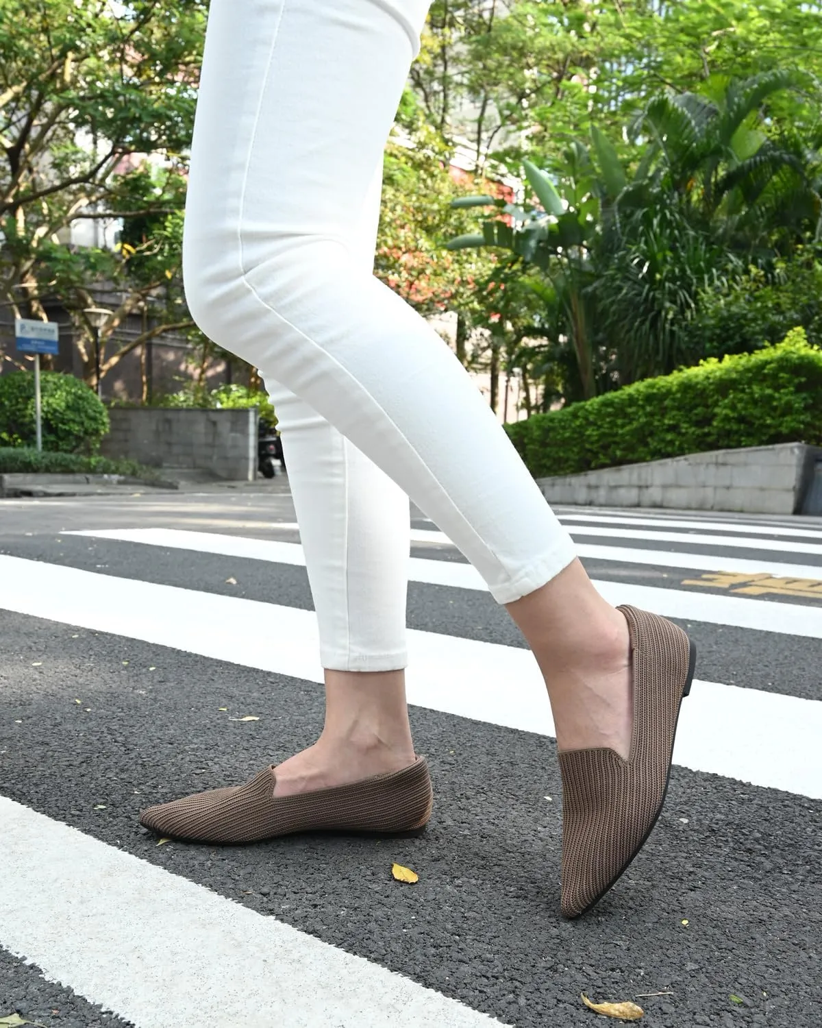 Brown Women's One Size Pointed Toe Slip-On Knit Ballet Flats for Dressy Casual Office Work Walking Flats