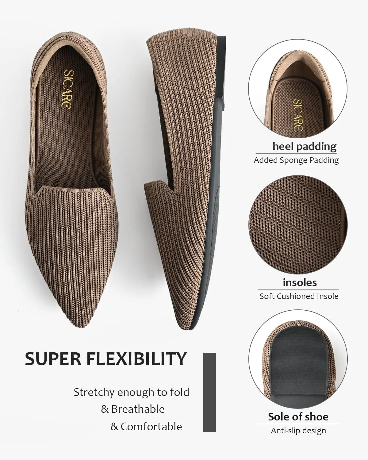 Brown Women's One Size Pointed Toe Slip-On Knit Ballet Flats for Dressy Casual Office Work Walking Flats
