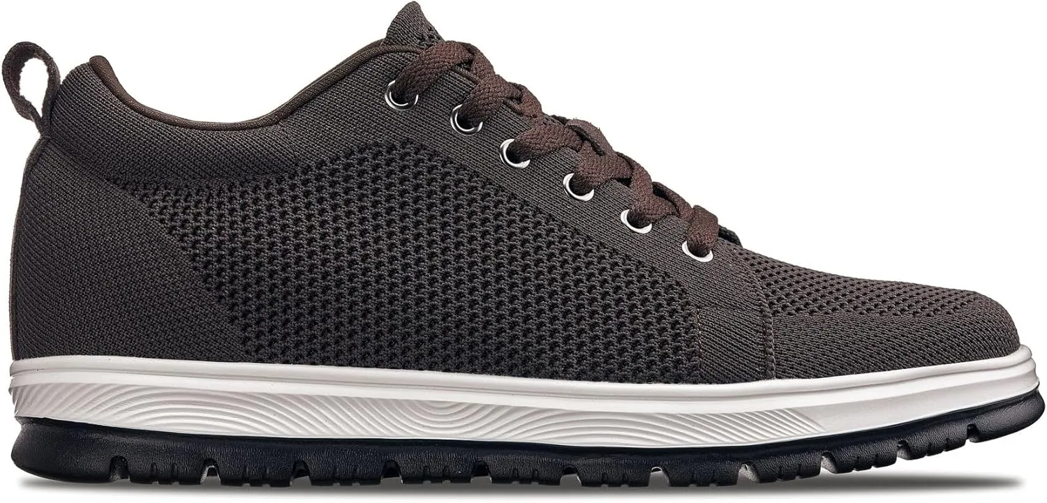 CALTO Men's Invisible Height Increasing Elevator Casual Shoes - Dark Brown/White & Black Sole Light-Weight Lace-up Knitted Casual Sporty Sneakers - 2.4 Inches Taller - X2325 - Size 12 D(M) US