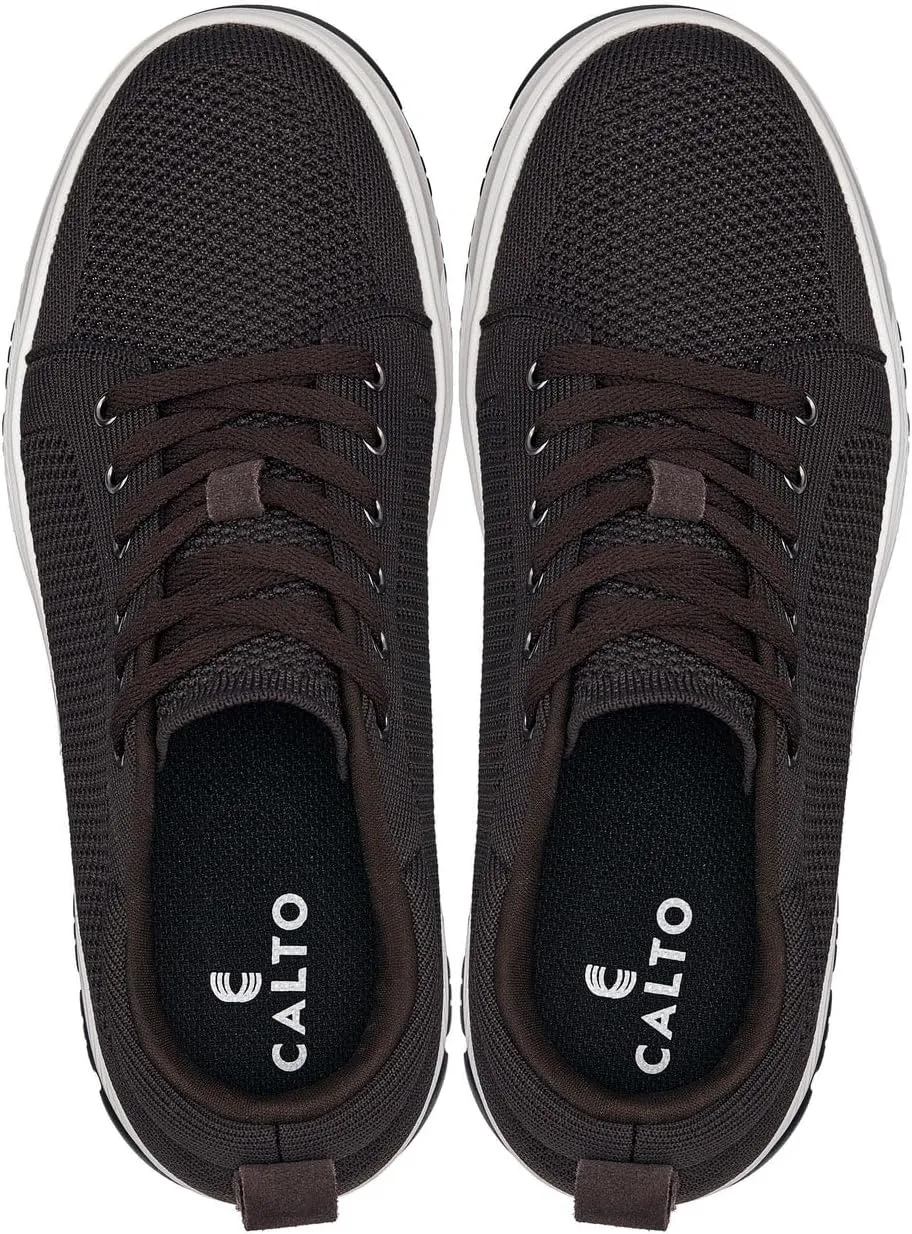CALTO Men's Invisible Height Increasing Elevator Casual Shoes - Dark Brown/White & Black Sole Light-Weight Lace-up Knitted Casual Sporty Sneakers - 2.4 Inches Taller - X2325 - Size 12 D(M) US