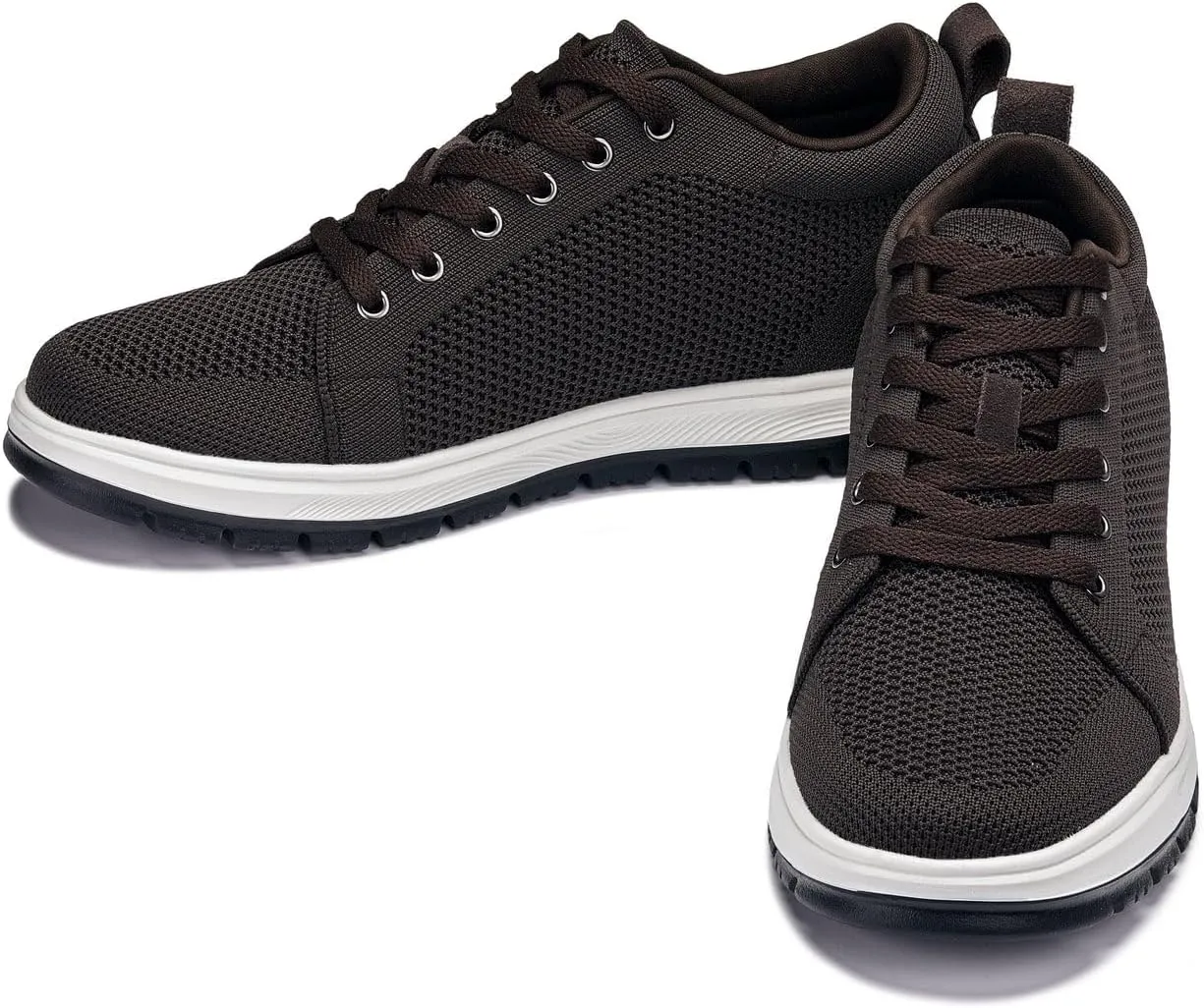 CALTO Men's Invisible Height Increasing Elevator Casual Shoes - Dark Brown/White & Black Sole Light-Weight Lace-up Knitted Casual Sporty Sneakers - 2.4 Inches Taller - X2325 - Size 12 D(M) US
