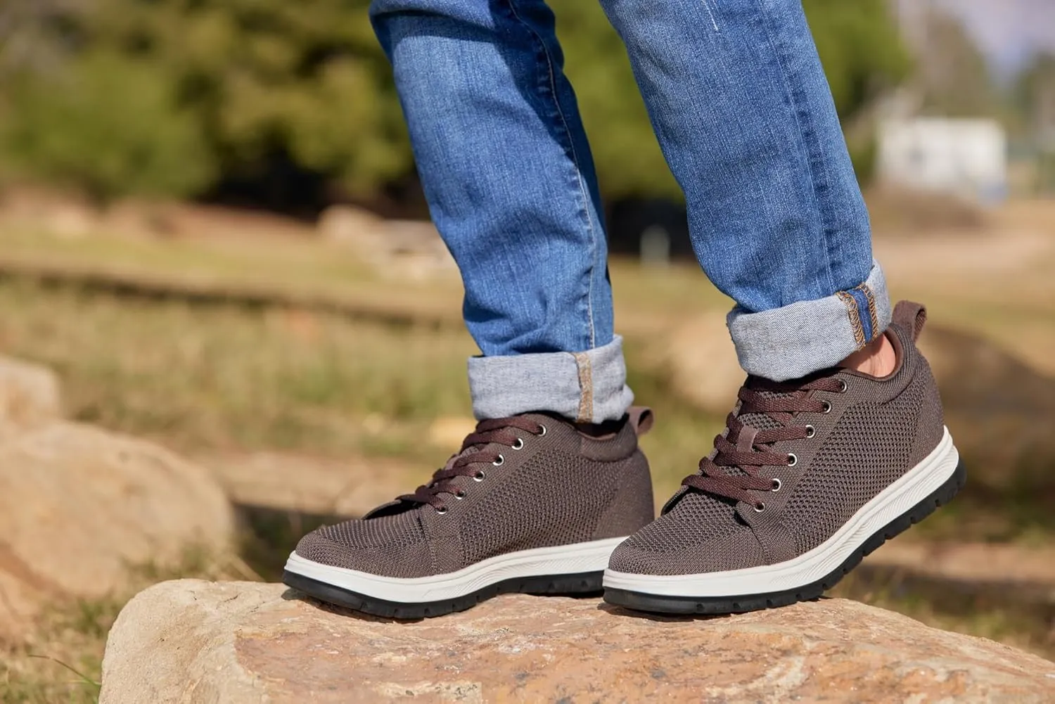 CALTO Men's Invisible Height Increasing Elevator Casual Shoes - Dark Brown/White & Black Sole Light-Weight Lace-up Knitted Casual Sporty Sneakers - 2.4 Inches Taller - X2325 - Size 12 D(M) US