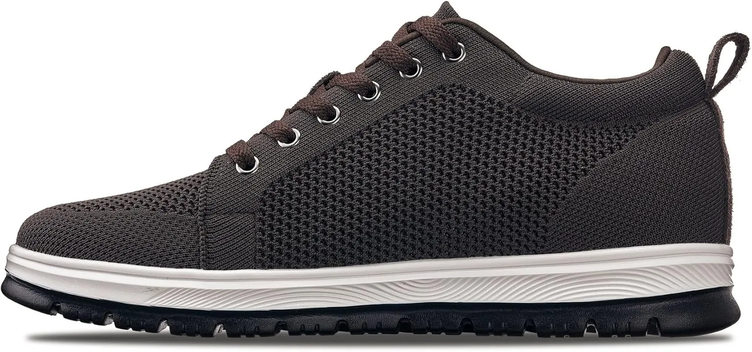 CALTO Men's Invisible Height Increasing Elevator Casual Shoes - Dark Brown/White & Black Sole Light-Weight Lace-up Knitted Casual Sporty Sneakers - 2.4 Inches Taller - X2325 - Size 12 D(M) US