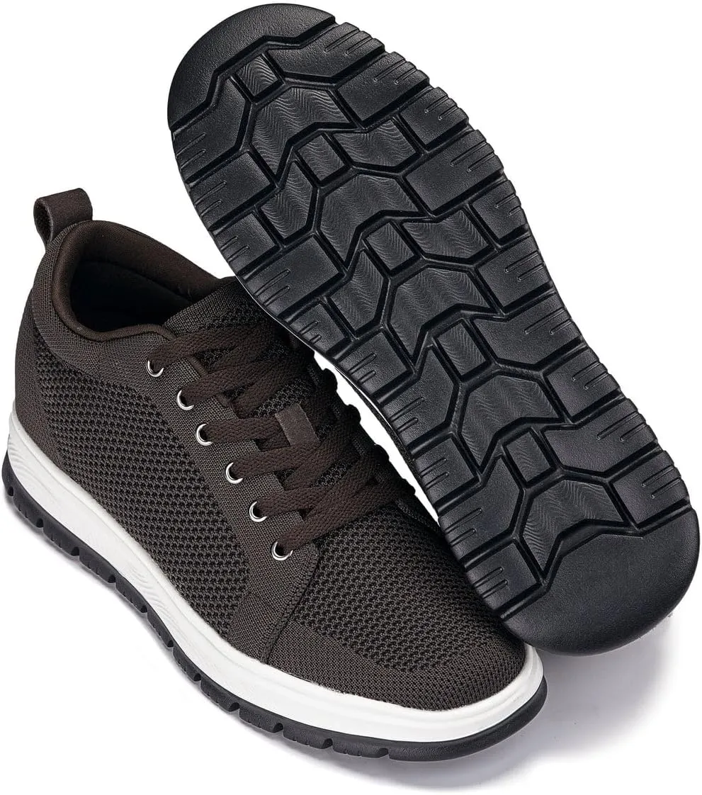 CALTO Men's Invisible Height Increasing Elevator Casual Shoes - Dark Brown/White & Black Sole Light-Weight Lace-up Knitted Casual Sporty Sneakers - 2.4 Inches Taller - X2325 - Size 12 D(M) US