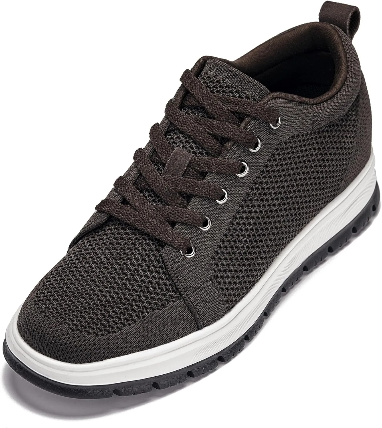 CALTO Men's Invisible Height Increasing Elevator Casual Shoes - Dark Brown/White & Black Sole Light-Weight Lace-up Knitted Casual Sporty Sneakers - 2.4 Inches Taller - X2325 - Size 12 D(M) US