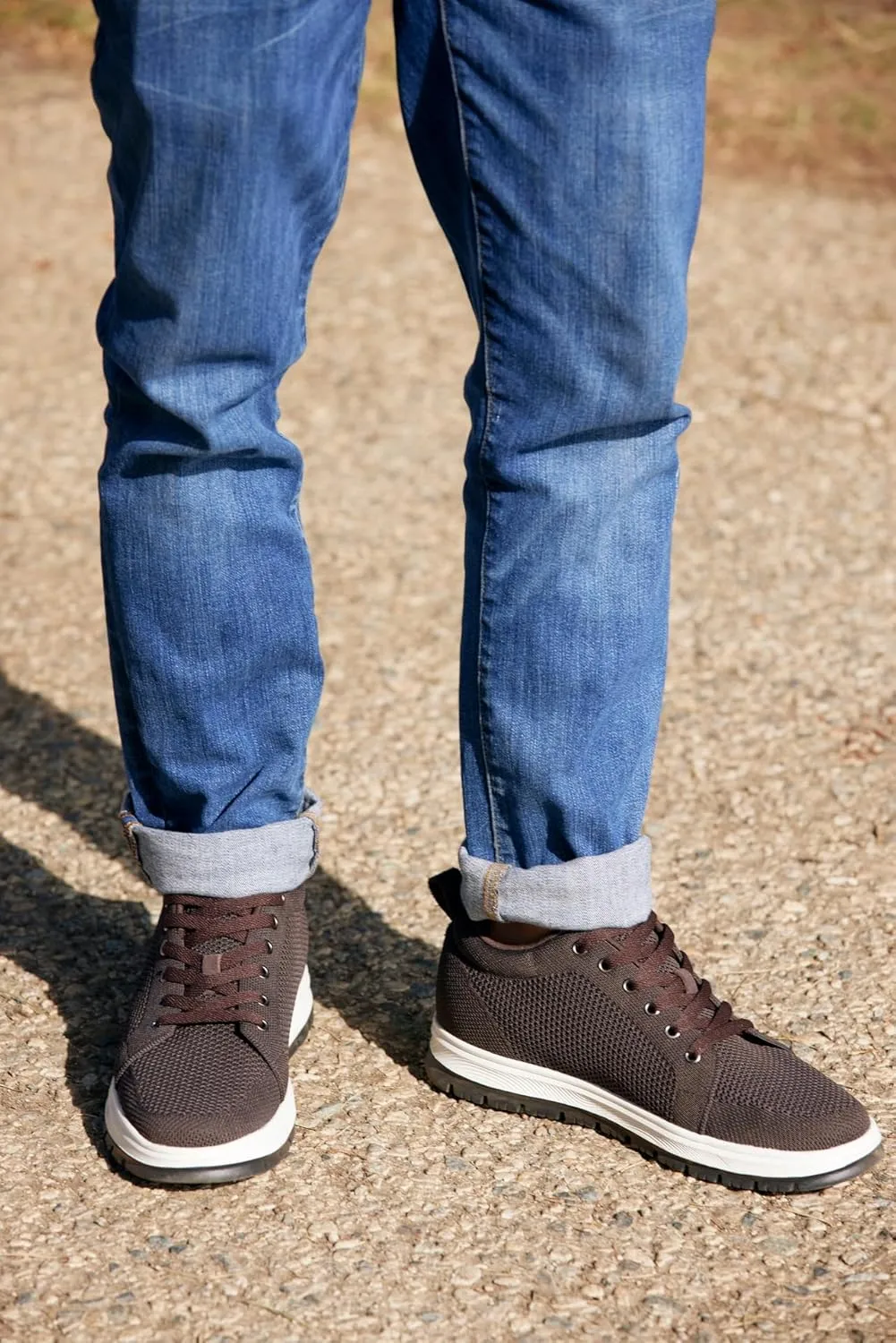 CALTO Men's Invisible Height Increasing Elevator Casual Shoes - Dark Brown/White & Black Sole Light-Weight Lace-up Knitted Casual Sporty Sneakers - 2.4 Inches Taller - X2325 - Size 12 D(M) US