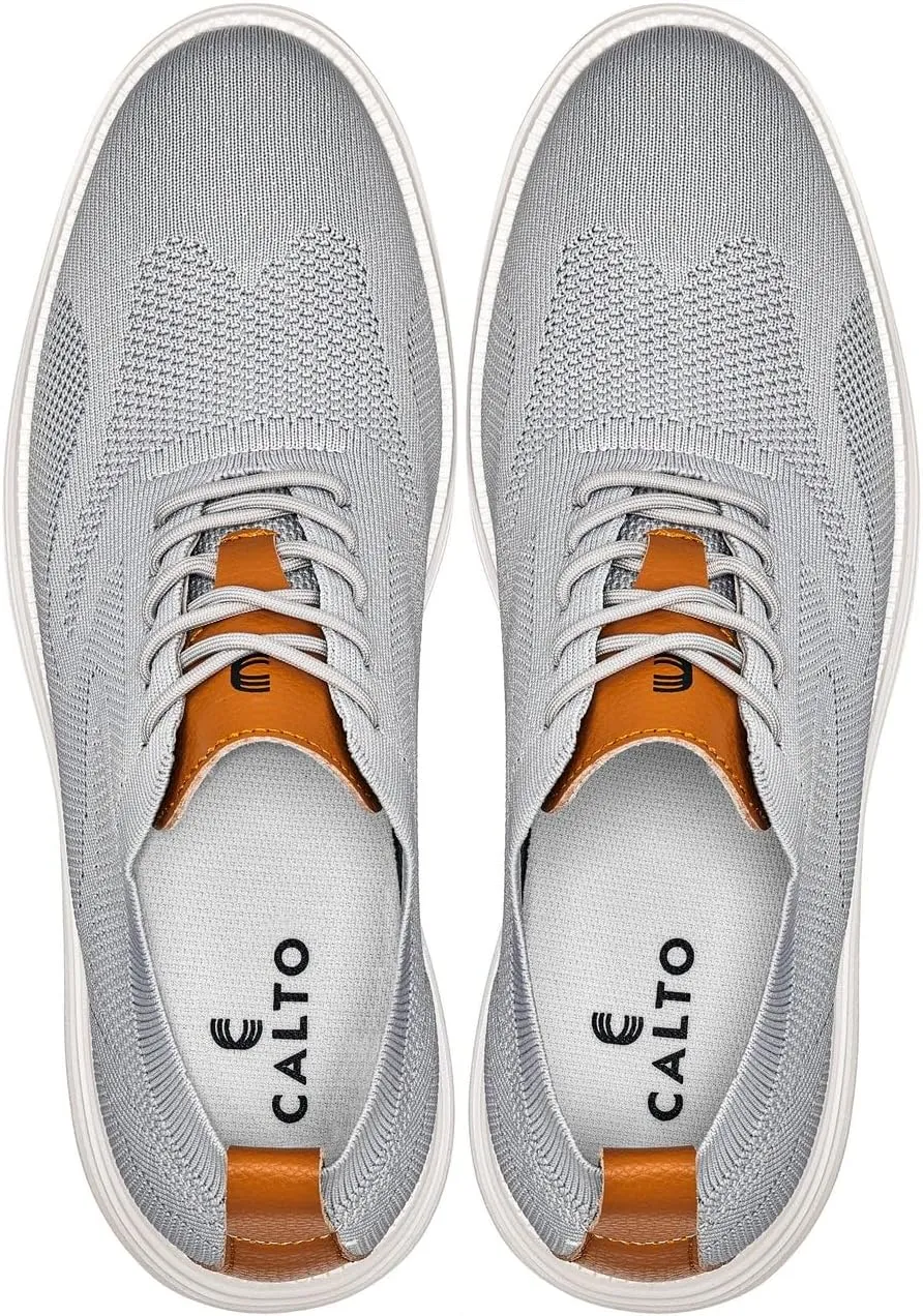 CALTO Men's Invisible Height Increasing Elevator Casual Shoes - Pewter Grey/Brown Ultra Light-Weight Lace-up Knitted Casual Sporty Sneakers - 2.8 Inches Taller - X2637 - Size 12 D(M) US