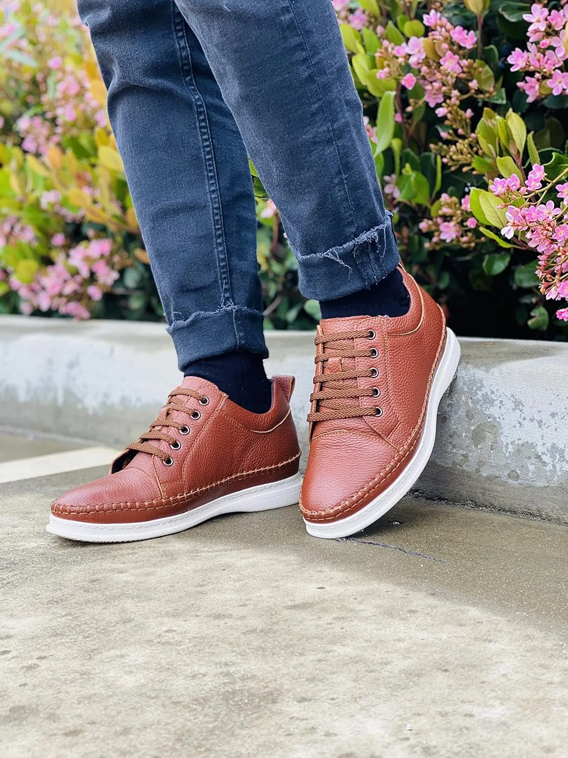 CALTO Men's Invisible Height Increasing Elevator Shoes - Dark Brown Leather Lace-up Casual Fashion Sneakers - 3 Inches Taller - S4313 - Size 7.5 D(M) US