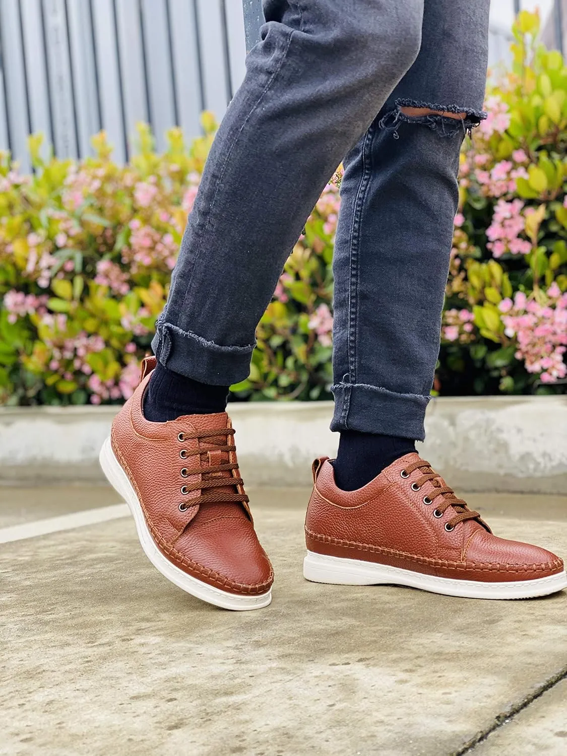 CALTO Men's Invisible Height Increasing Elevator Shoes - Dark Brown Leather Lace-up Casual Fashion Sneakers - 3 Inches Taller - S4313 - Size 7.5 D(M) US