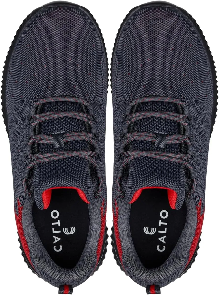 CALTO Men's Invisible Height Increasing Elevator Shoes - Grey/Red Ultra Lightweight Sporty Sneakers - 2.8 Inches Taller - Q218 - Size 12 D(M) US
