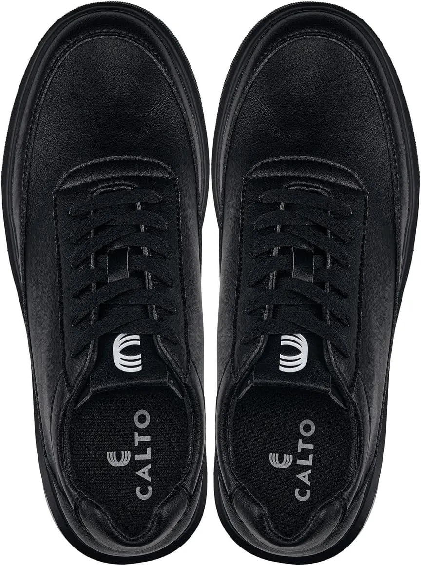 CALTO Men's Invisible Height Increasing Elevator Shoes - Pitch Black Light-Weight Lace-up Leather Sporty Sneakers - 2.8 Inches Taller - X1646 - Size 7 D(M) US