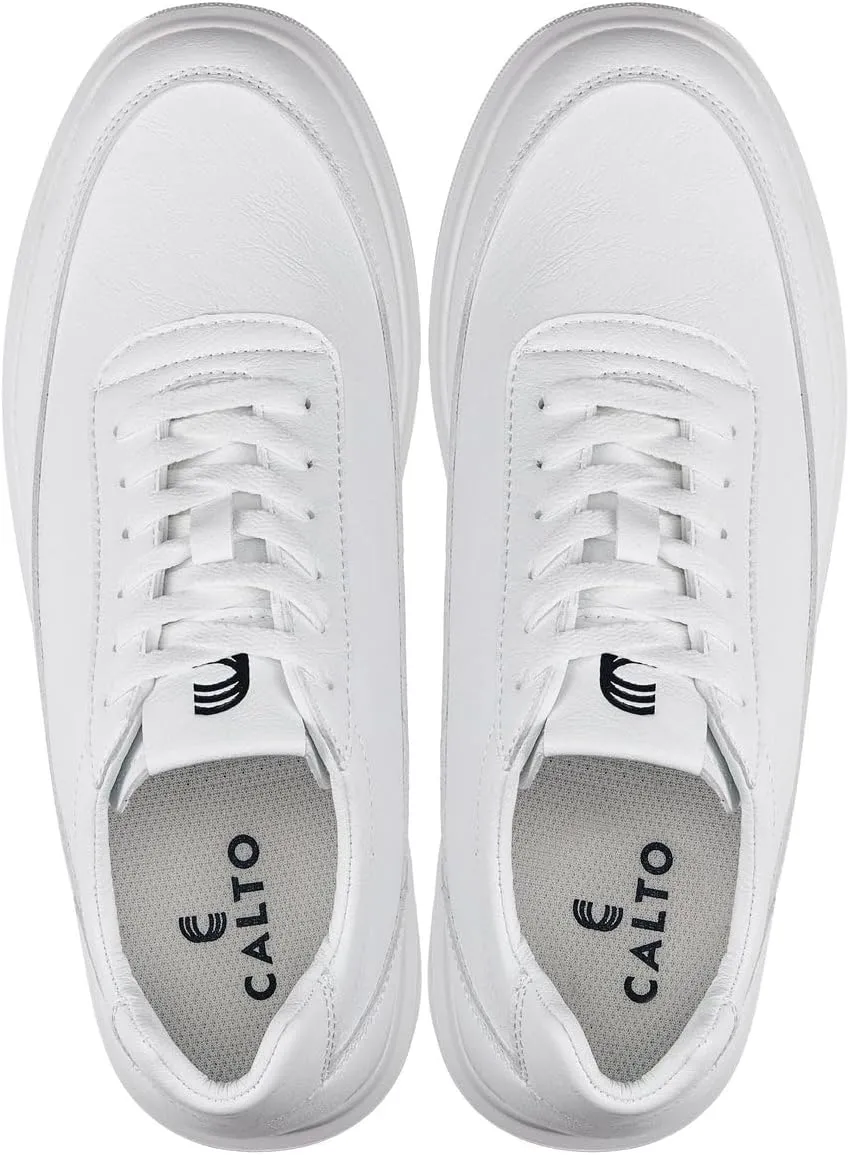 CALTO Men's Invisible Height Increasing Elevator Shoes - Pure White Light-Weight Lace-up Leather Sporty Sneakers - 2.8 Inches Taller - X1647 - Size 10 D(M) US
