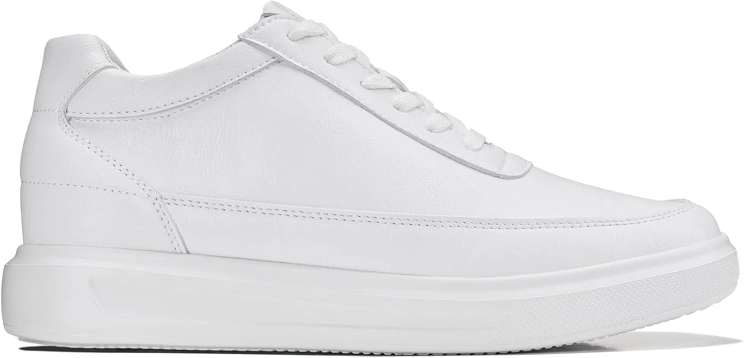 CALTO Men's Invisible Height Increasing Elevator Shoes - Pure White Light-Weight Lace-up Leather Sporty Sneakers - 2.8 Inches Taller - X1647 - Size 10 D(M) US