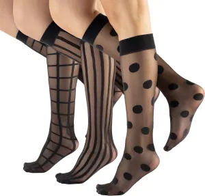 CALZITALY 3 Pairs Women Pop Socks, Sheer Everyday Ankle Socks in 3 Different Designs: Dots, Stripes and Geometric