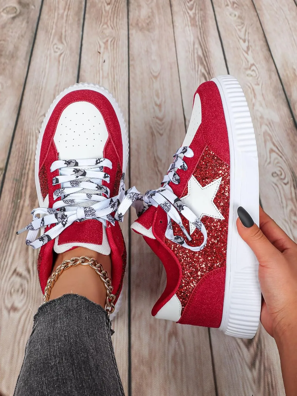 Canvas Glitter Y2K Retro Star Sneakers Comfortable Rubber Sole Shoes for Women Holiday Travel Daily Wear Matching Couple Outfit Aesthetic Star Skate Style