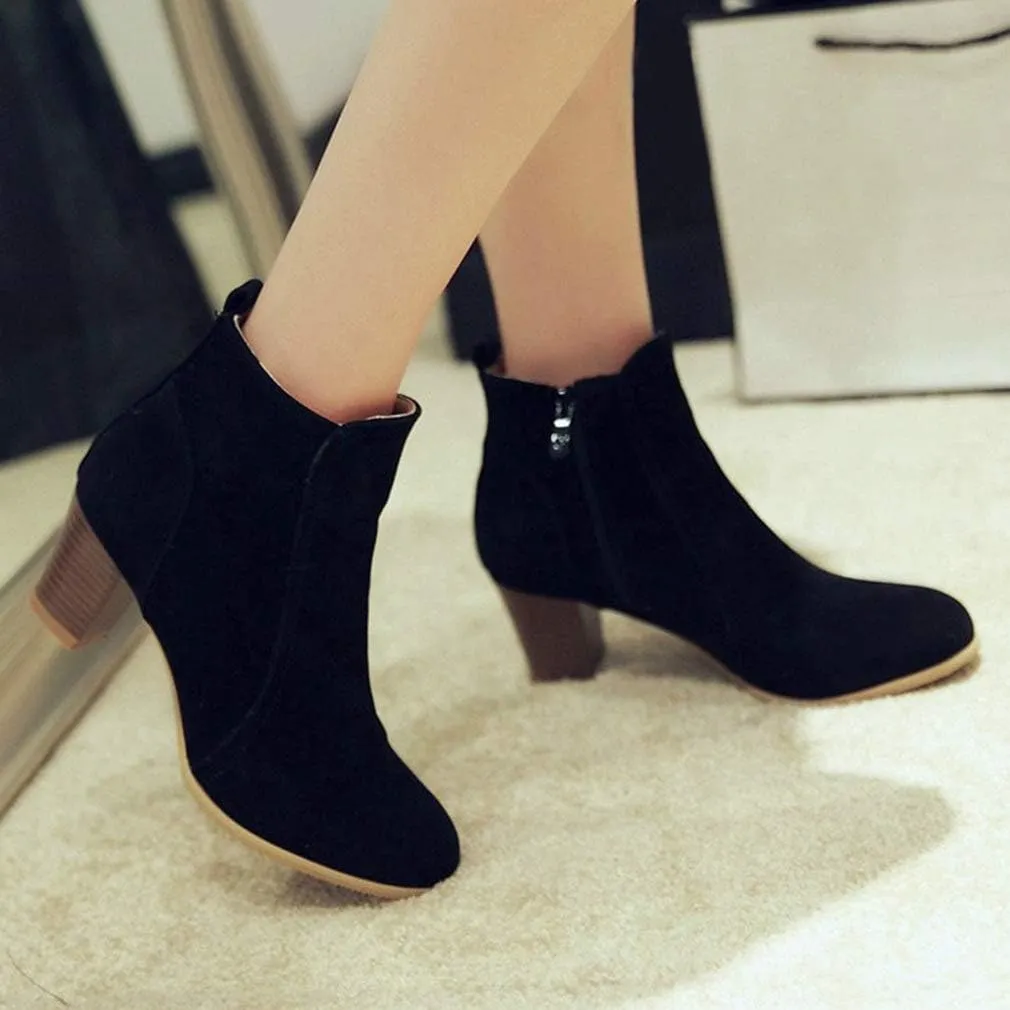 Caradise Womens Stacked Chunky Heeled Boots Faux Suede Zip Up Autumn Winter Booties