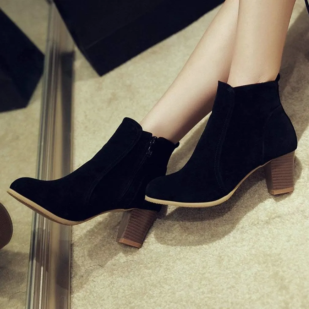 Caradise Womens Stacked Chunky Heeled Boots Faux Suede Zip Up Autumn Winter Booties