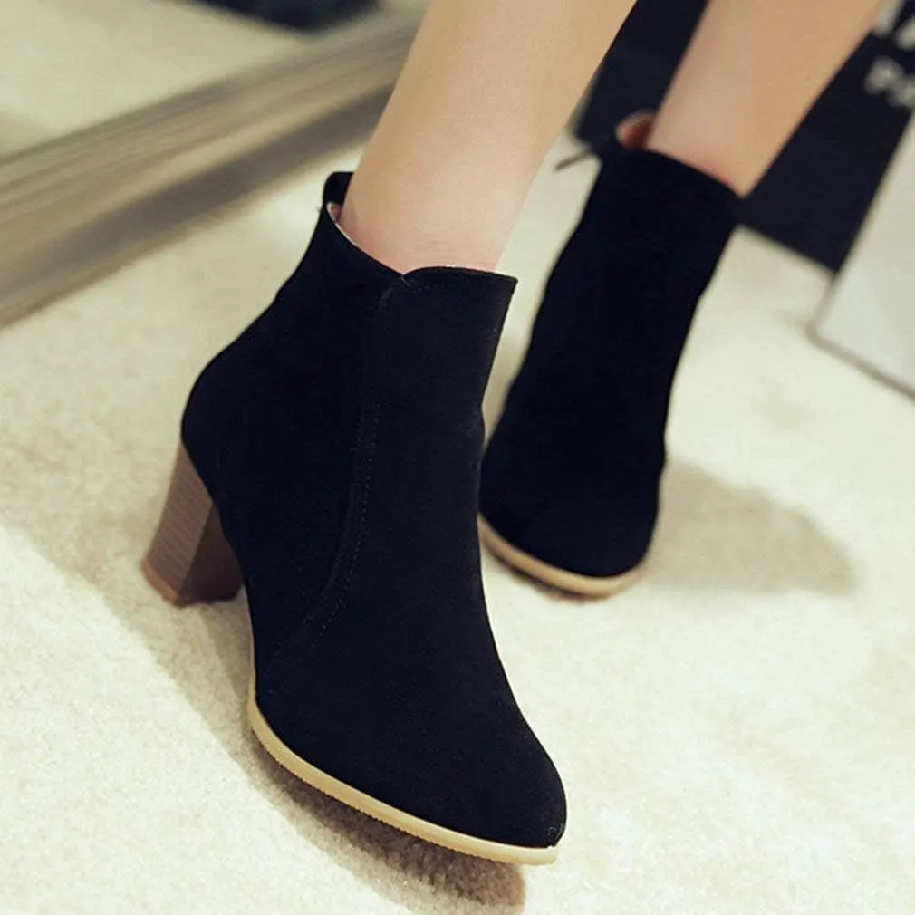 Caradise Womens Stacked Chunky Heeled Boots Faux Suede Zip Up Autumn Winter Booties