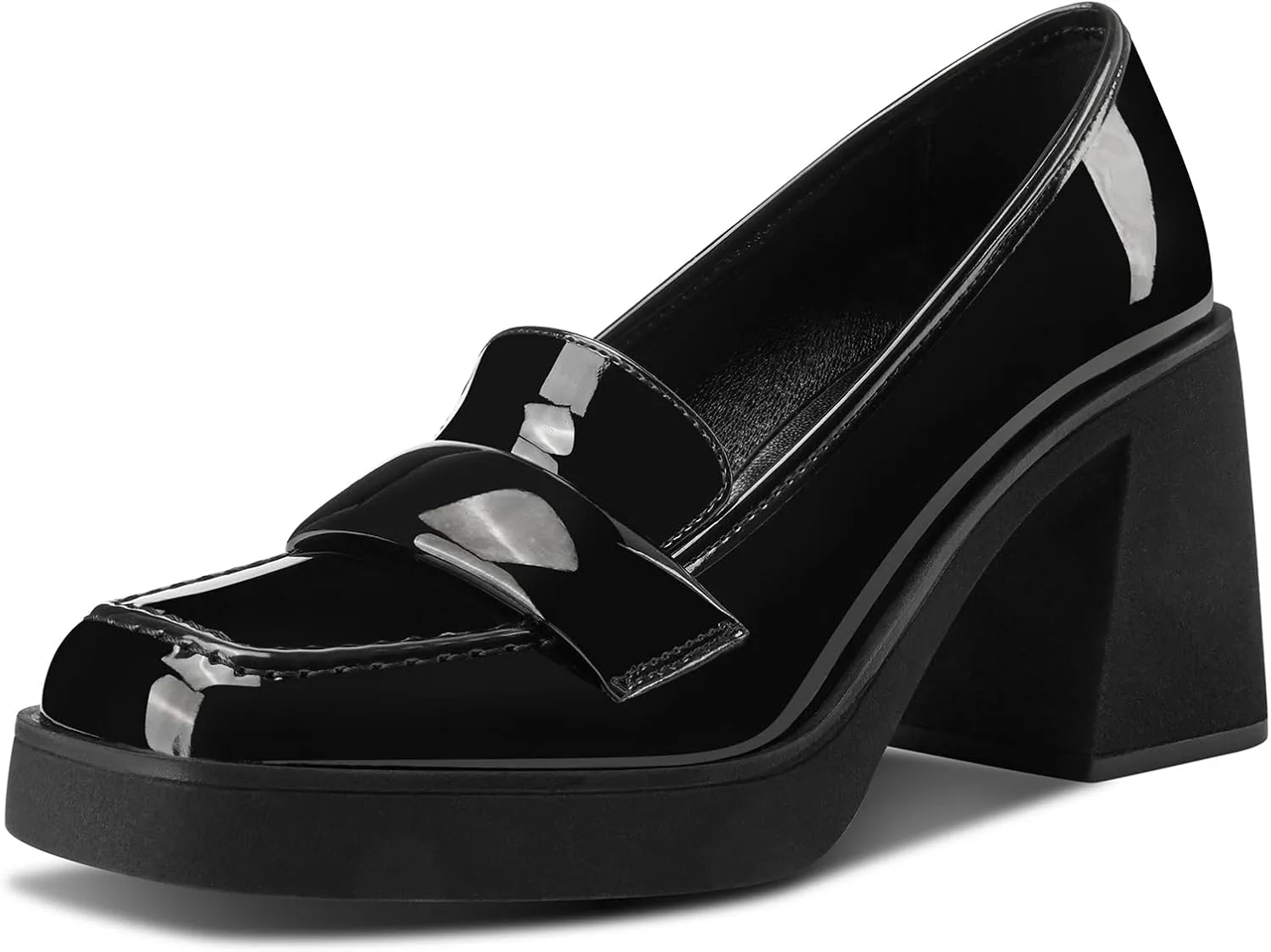 Castamere Womens Chunky Block Mid Heel Close Square Toe Platform Loafers Shoes Casual Office Dress Slip-on Pumps 3.3 Inches Heels