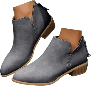 Cathalem Women's Ankle Boots Chunky Cutout Heel Pointed Toe Short Booties Shoes Ankle Booties Vintage Slip On Flat Short Boots Ladies Fashion Low Heel Boot Womens Casual Shoes