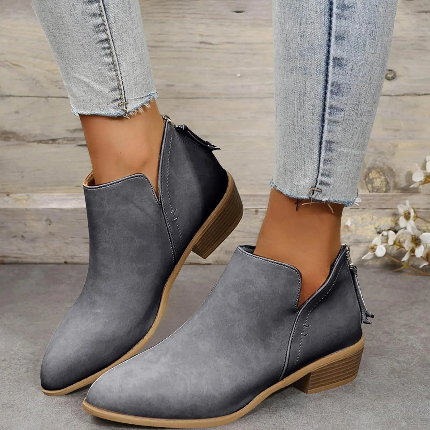 Cathalem Women's Ankle Boots Chunky Cutout Heel Pointed Toe Short Booties Shoes Ankle Booties Vintage Slip On Flat Short Boots Ladies Fashion Low Heel Boot Womens Casual Shoes