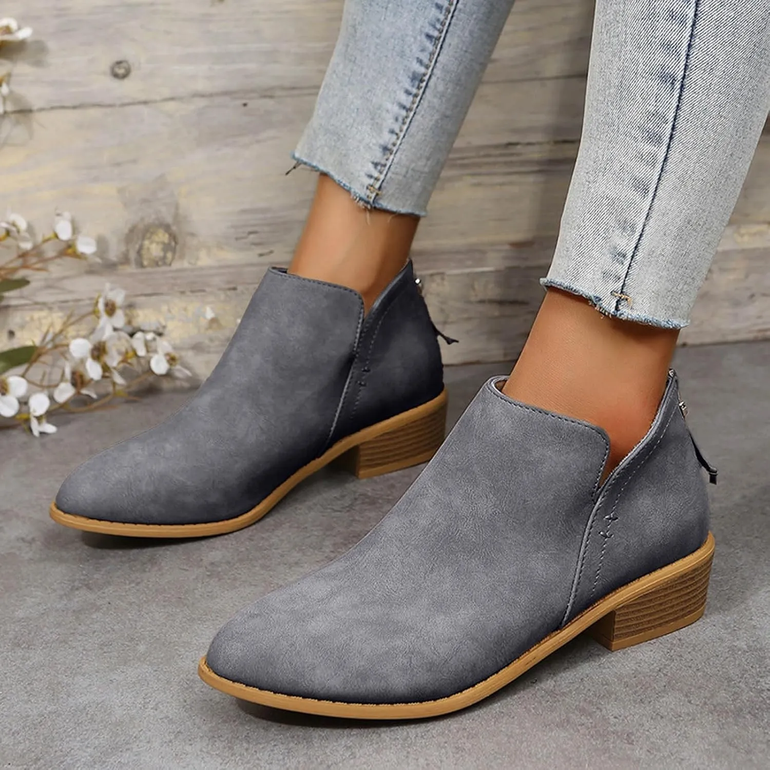 Cathalem Women's Ankle Boots Chunky Cutout Heel Pointed Toe Short Booties Shoes Ankle Booties Vintage Slip On Flat Short Boots Ladies Fashion Low Heel Boot Womens Casual Shoes