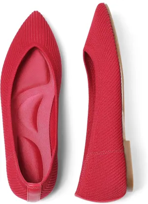 CELNEPHO Red Women's Comfortable Knit Mary Jane Flats - Pointed Toe, Slip On, Arch Support, Washable, Casual & Dressy Shoes - US Size 11