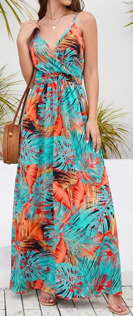 Chaos World Hawaiian Dresses for Women Boho Maxi Dress V-Neck Floral Summer Dress Beach Spaghetti Strap