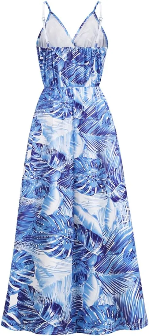 Chaos World Hawaiian Dresses for Women Boho Maxi Dress V-Neck Floral Summer Dress Beach Spaghetti Strap