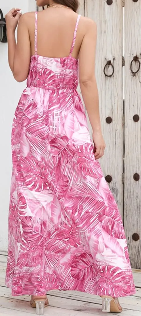 Chaos World Hawaiian Dresses for Women Boho Maxi Dress V-Neck Floral Summer Dress Beach Spaghetti Strap
