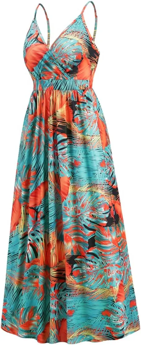 Chaos World Hawaiian Dresses for Women Boho Maxi Dress V-Neck Floral Summer Dress Beach Spaghetti Strap