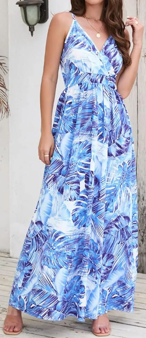 Chaos World Hawaiian Dresses for Women Boho Maxi Dress V-Neck Floral Summer Dress Beach Spaghetti Strap