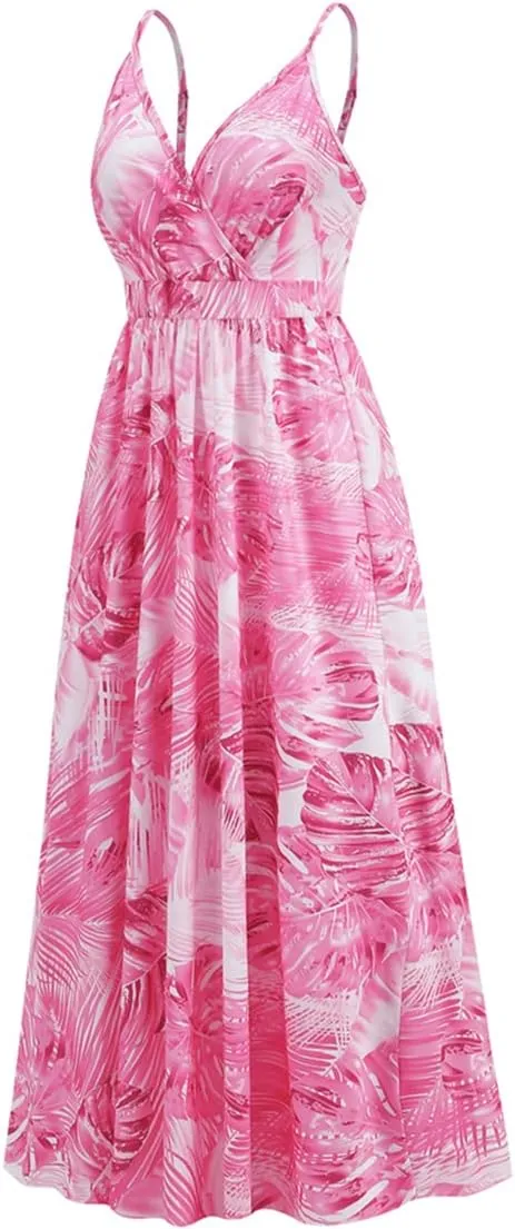 Chaos World Hawaiian Dresses for Women Boho Maxi Dress V-Neck Floral Summer Dress Beach Spaghetti Strap