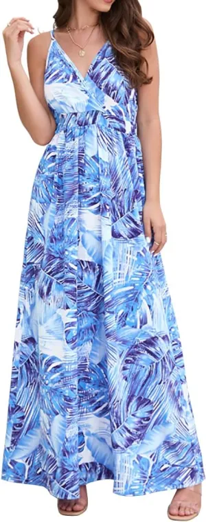 Chaos World Hawaiian Dresses for Women Boho Maxi Dress V-Neck Floral Summer Dress Beach Spaghetti Strap