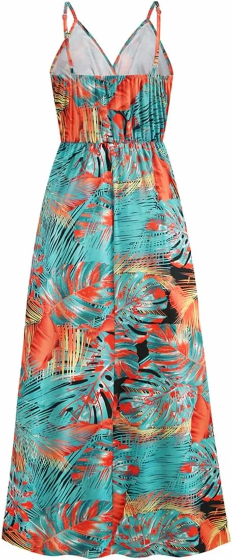 Chaos World Hawaiian Dresses for Women Boho Maxi Dress V-Neck Floral Summer Dress Beach Spaghetti Strap