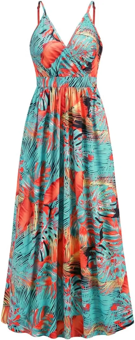 Chaos World Hawaiian Dresses for Women Boho Maxi Dress V-Neck Floral Summer Dress Beach Spaghetti Strap
