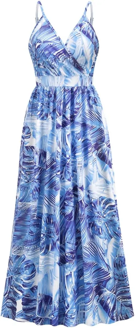 Chaos World Hawaiian Dresses for Women Boho Maxi Dress V-Neck Floral Summer Dress Beach Spaghetti Strap