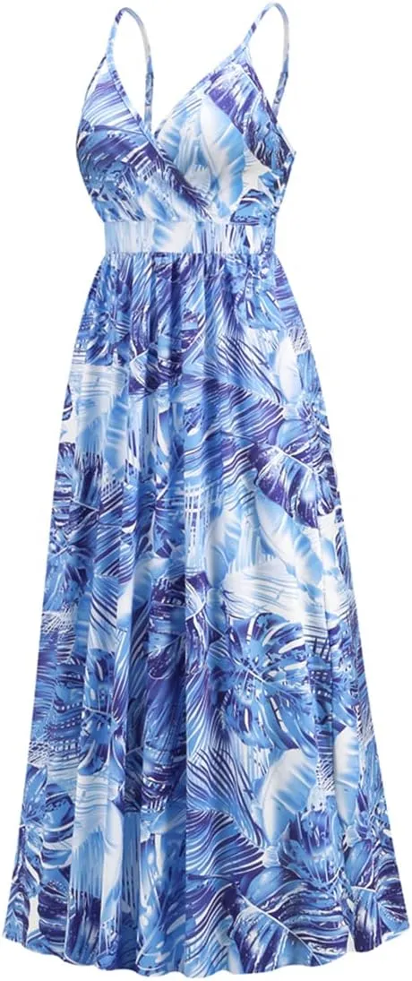 Chaos World Hawaiian Dresses for Women Boho Maxi Dress V-Neck Floral Summer Dress Beach Spaghetti Strap