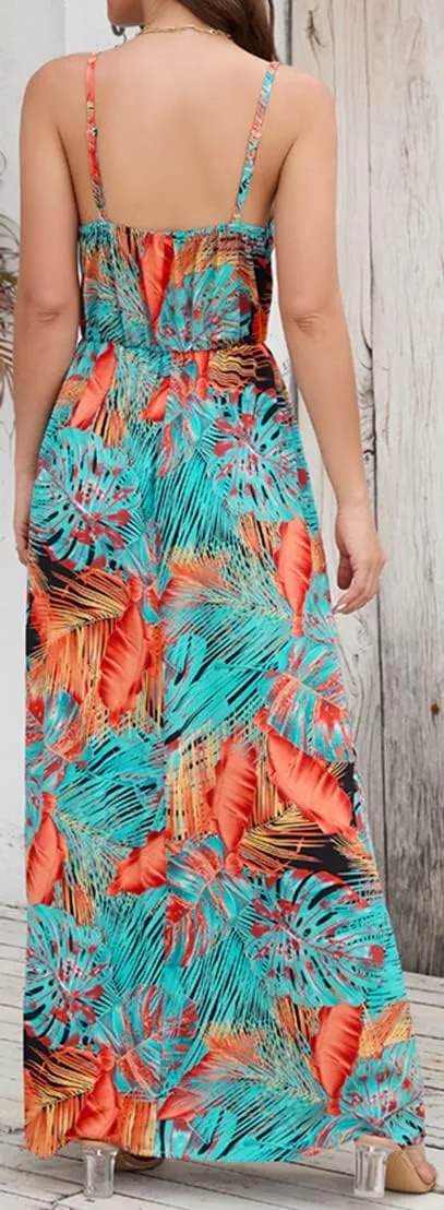 Chaos World Hawaiian Dresses for Women Boho Maxi Dress V-Neck Floral Summer Dress Beach Spaghetti Strap