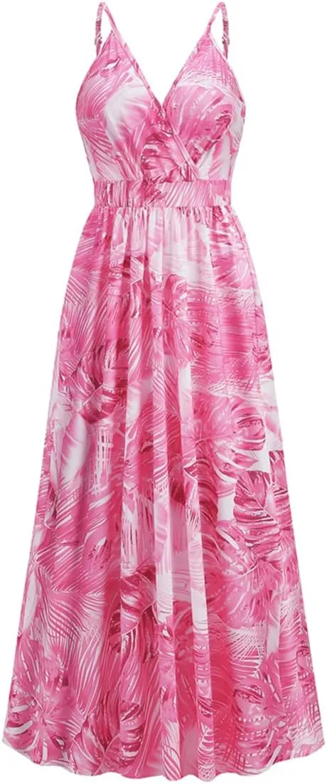 Chaos World Hawaiian Dresses for Women Boho Maxi Dress V-Neck Floral Summer Dress Beach Spaghetti Strap