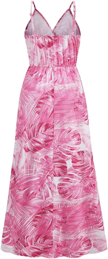 Chaos World Hawaiian Dresses for Women Boho Maxi Dress V-Neck Floral Summer Dress Beach Spaghetti Strap