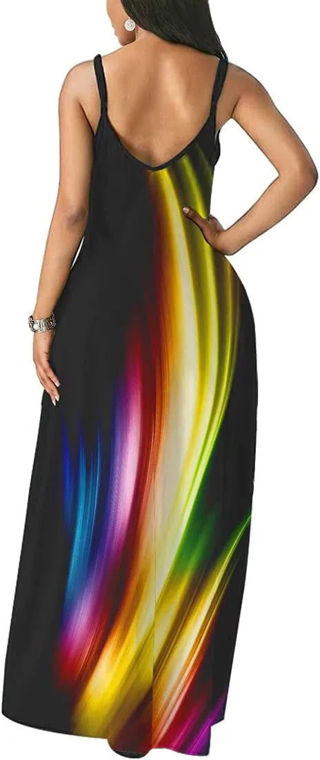 Chaos World Women's Maxi Dress V-Neck Strappy 3D Print Loose Summer Casual Dress