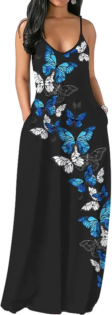 Chaos World Women's Maxi Dress V-Neck Strappy 3D Print Loose Summer Casual Dress