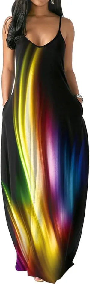 Chaos World Women's Maxi Dress V-Neck Strappy 3D Print Loose Summer Casual Dress