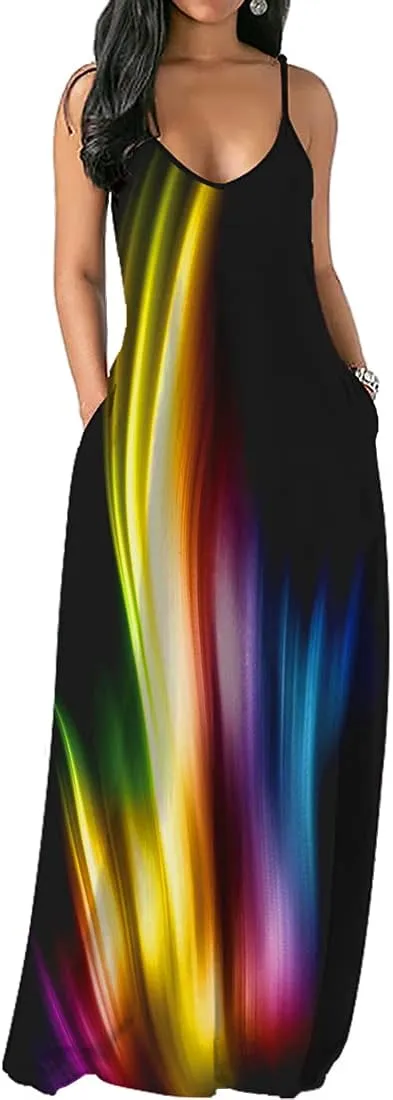 Chaos World Women's Maxi Dress V-Neck Strappy 3D Print Loose Summer Casual Dress